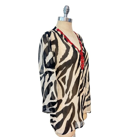 Chicos Zebra Zambie Elora Sheer Beaded Tunic Top Size 1 Medium Black & Tan NWT - Picture 2 of 5